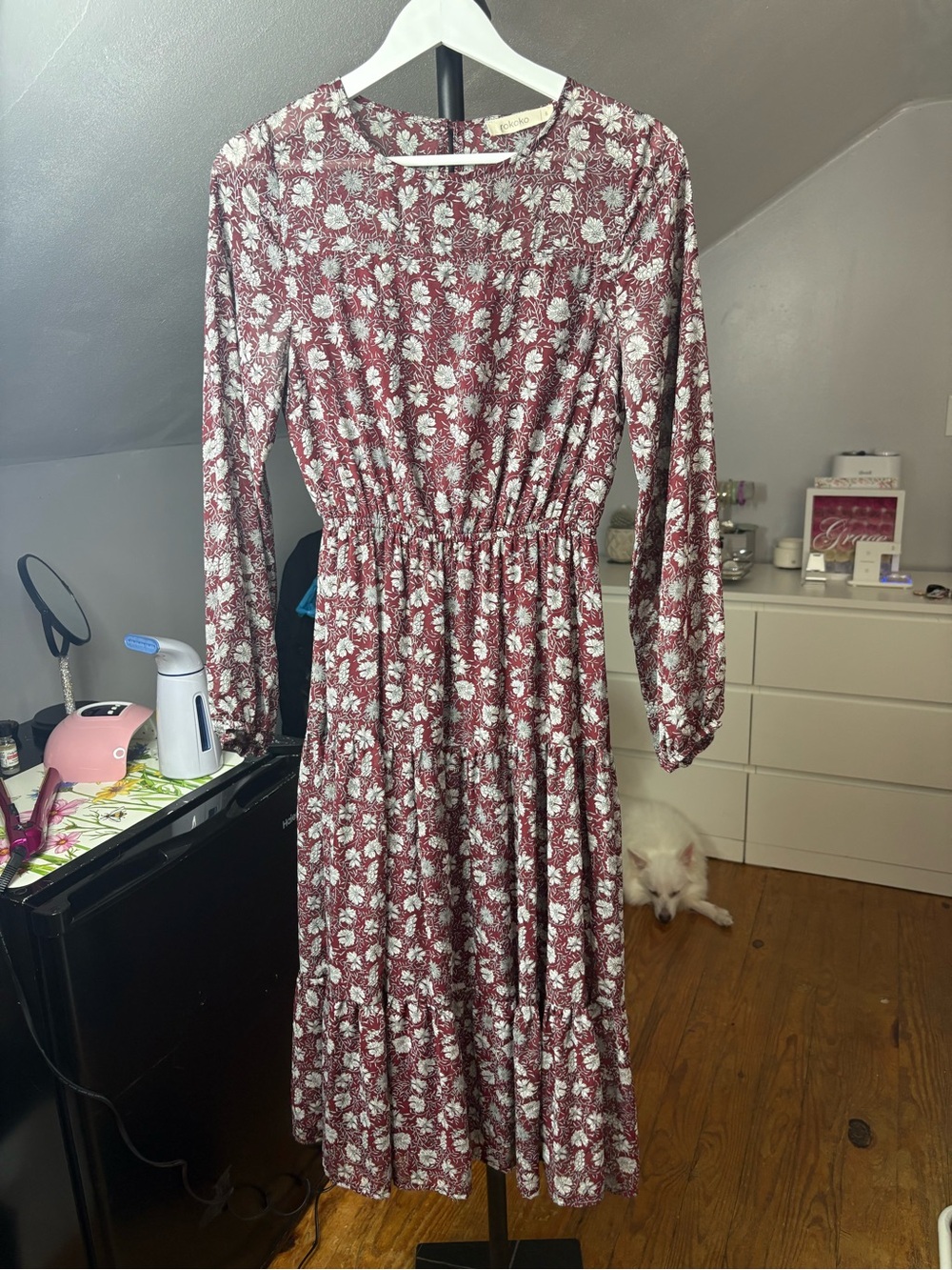 Women's Floral Long Sleeve Midi Dress in Burgundy by Unbranded